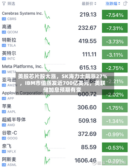 美股芯片股大涨，SK海力士飙涨27%，IBM市值蒸发近700亿美元	，美联储加息预期有变-第2张图片
