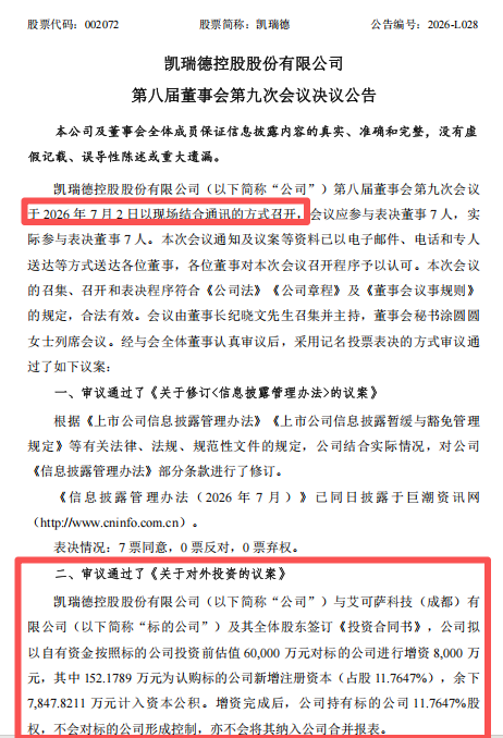 002072公告	，8000万元对外投资