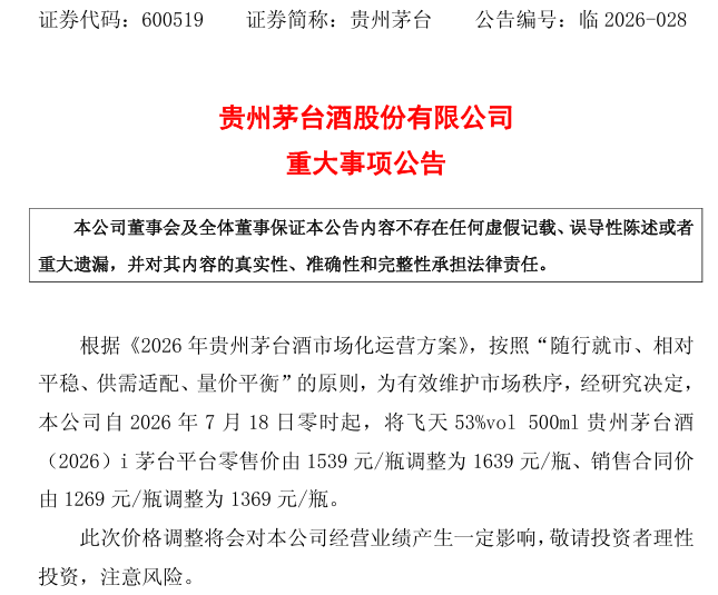 飞天茅台官宣涨价！每瓶涨价100元